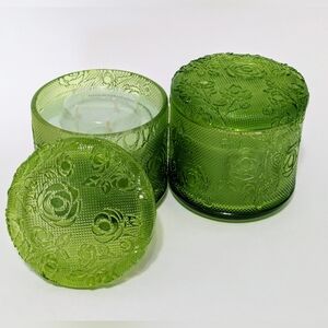 Homeworx by Harry Slatkin Lemon Leaf 3 Wick Floral Green Glass Jar Pair Lot of 2